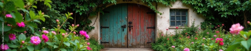 Old wooden door with vines and flowers in a small garden, old door, vines, garden Old wooden door with vines and flowers in a small garden, old door, vines, garden