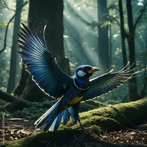 Formosan blue magpie spreads its wings and lands on the ground