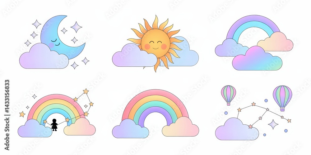 Pastel sky icons set for children's illustrations Pastel sky icons set for children's illustrations