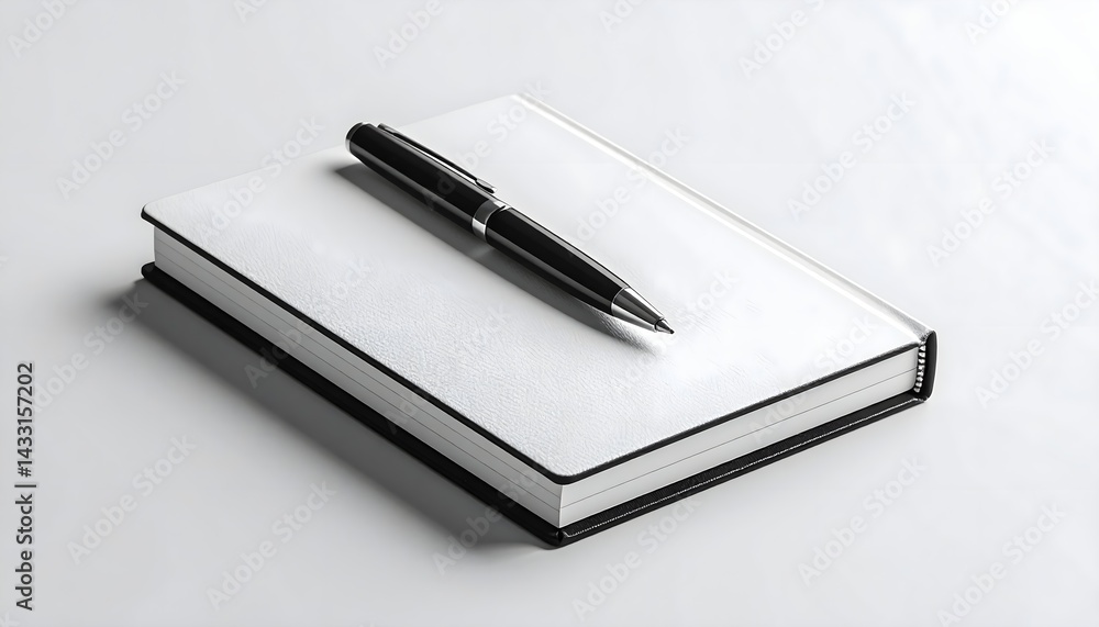 High-detail image of a closed hardcover notebook with a pen resting on top, placed on a white background. High-detail image of a closed hardcover notebook with a pen resting on top, placed on a white background.