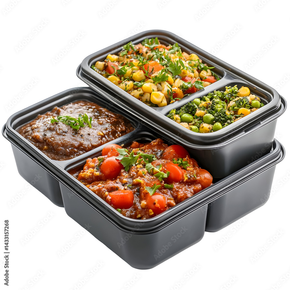 Meal prep containers showcasing nutritious dishes against a stark black backdrop Meal prep containers showcasing nutritious dishes against a stark black backdrop