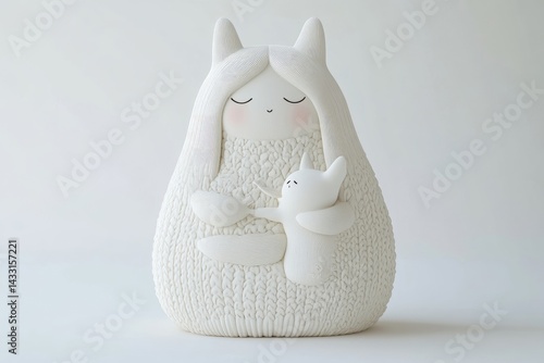 White ceramic sculpture of a mother figure holding a smaller creature.  Detailed, textured design