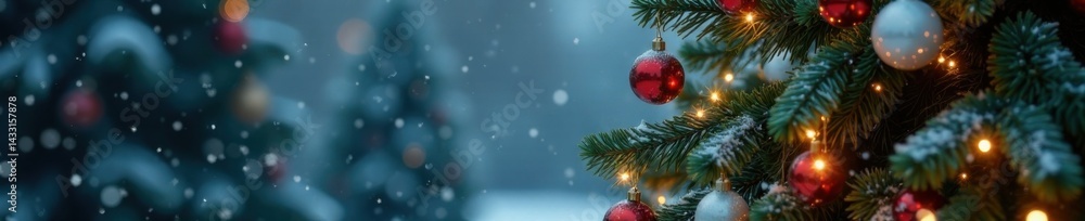Obraz premium Decorated evergreen Christmas tree with twinkling lights and ornaments against a snowy winter background, ornaments, evergreen trees