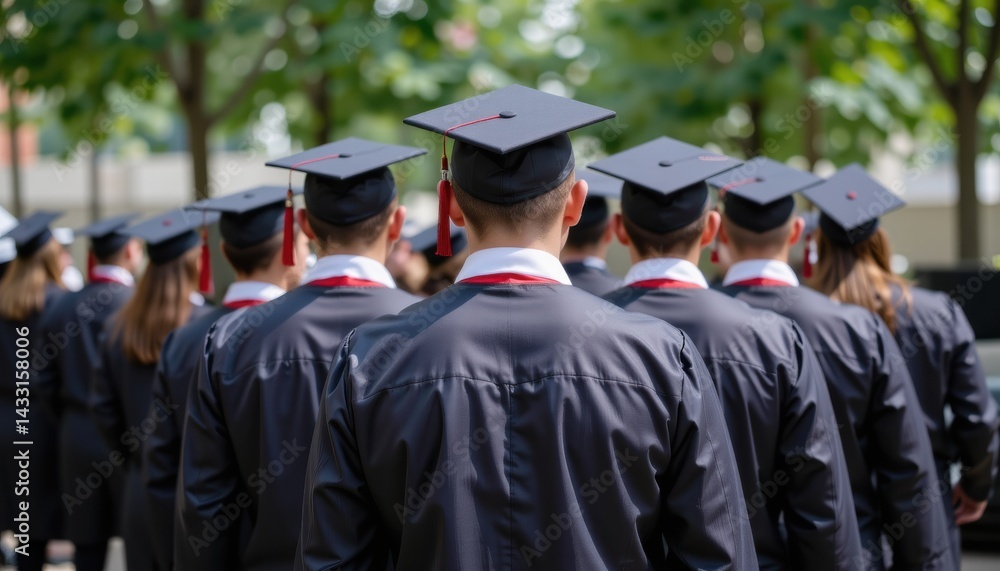 Obraz premium Graduates in caps and gowns at a commencement ceremony.
