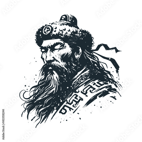 Black White Vector Illustration of a Mongol or Tartarian Warlord: A Vintage Engraved.
