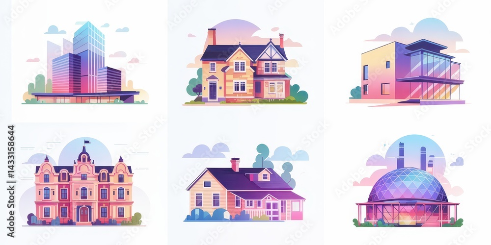 Diverse architectural styles showcased in colorful illustrations Diverse architectural styles showcased in colorful illustrations