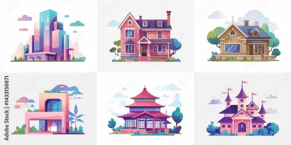 Colorful illustration of diverse architectural styles Colorful illustration of diverse architectural styles