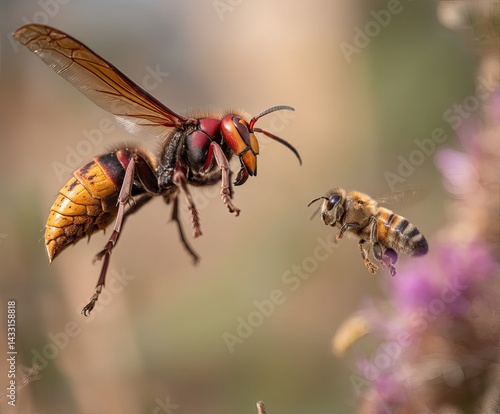 an Asian hornet (vespa velutina) aggressively approaching  a smaller native wild bee