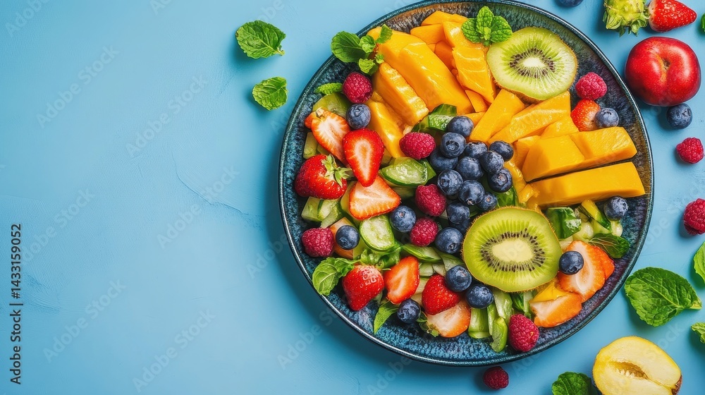 Colorful fruit platter with fresh berries, mango, kiwi, and mint on a blue background Colorful fruit platter with fresh berries, mango, kiwi, and mint on a blue background