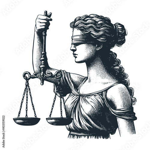 Black White Vector Illustration of Lady Justice Holding Scales with Blindfold: A Vintage Engraved Infographic