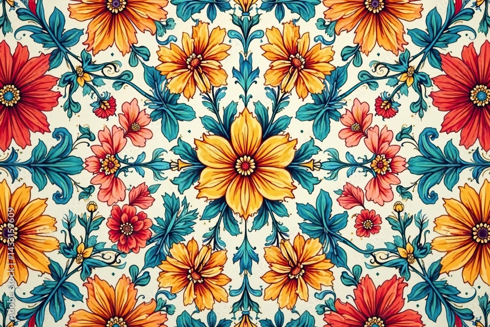 custom made wallpaper toronto digitalIntricate floral pattern for flyers; repeating design, vibrant colors, illustration, petals