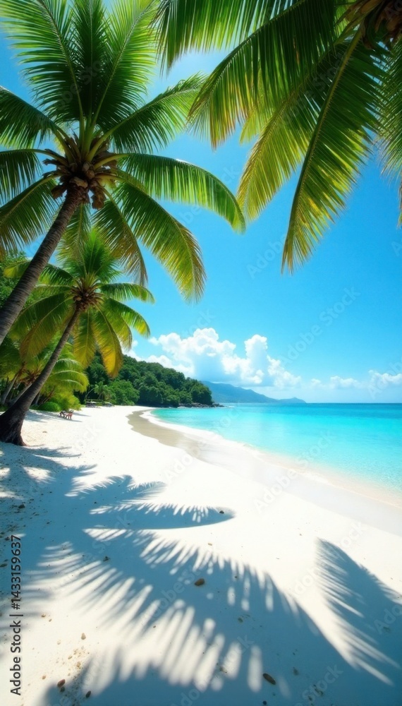 Fototapeta premium Sunny tropical beach with palm trees and white sand, palm, ocean