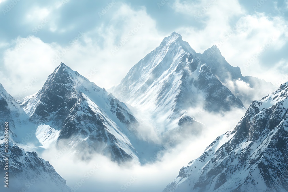 Obraz premium Majestic Snow Covered Mountains Peaks Landscape With Misty Clouds Scenery Cold Winter Wilderness High Altitude Scenic Nature Background Calm Environment Snowy Slopes And Rocky Terrain