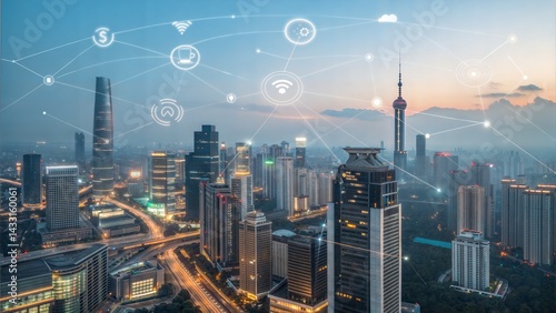 Wallpaper Mural Aerial cityscape with smart technology integration. Digital icons representing IoT and augmented reality. (Bigdata) Torontodigital.ca