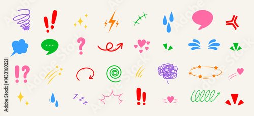 Anime Emotion effect. Doodle anime icons in bright colors. Pop art Vector illustration isolated on white background.