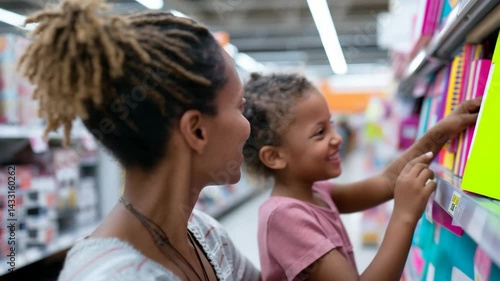 Mother and daughter share joyful moment while shopping together in store, browsing colorful school supplies with genuine smiles