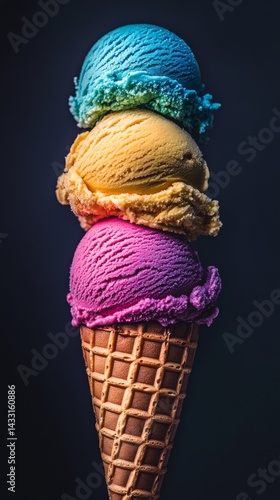 Delicious ice cream cone with vibrant colors. Three scoops stacked high, blue, yellow, and pink. A sweet treat for dessert lovers. Generative AI