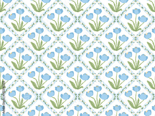 cute blue tulip flower block print seamless pattern background
