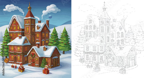 Cozy Christmas Village in Winter: A charming festive village in a snowy winter scene, complete with quaint houses, a Christmas tree, and gentle snowfall, perfect for holiday illustrations.