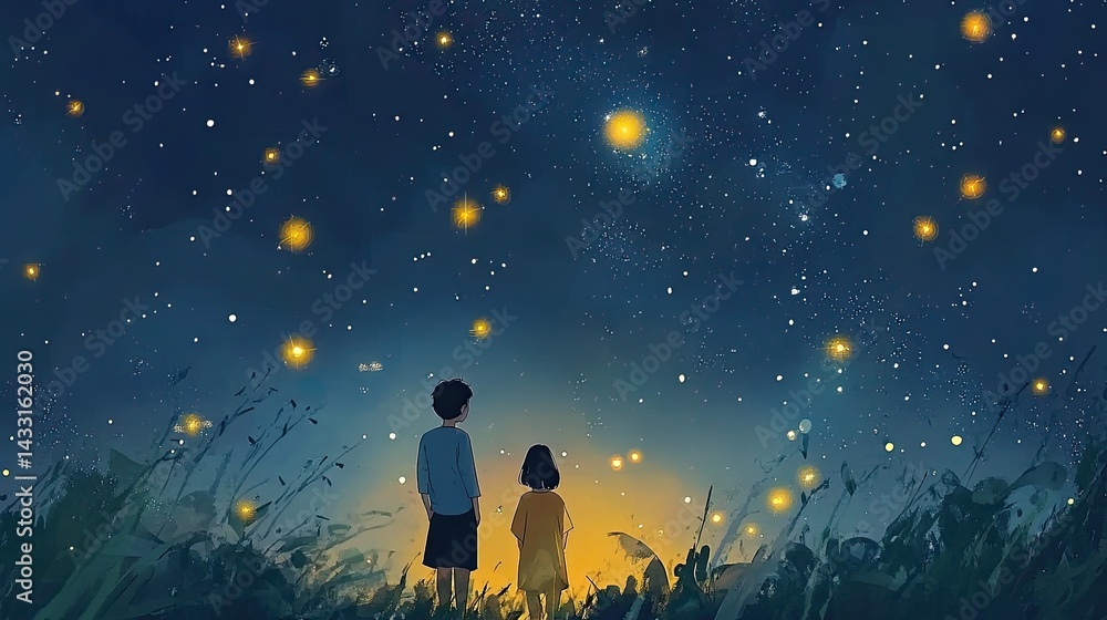 Obraz premium Children Watching Fireflies and Stars at Night