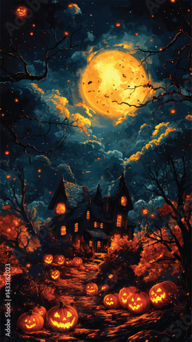 Full Moon Halloween Scene with Flying Bats