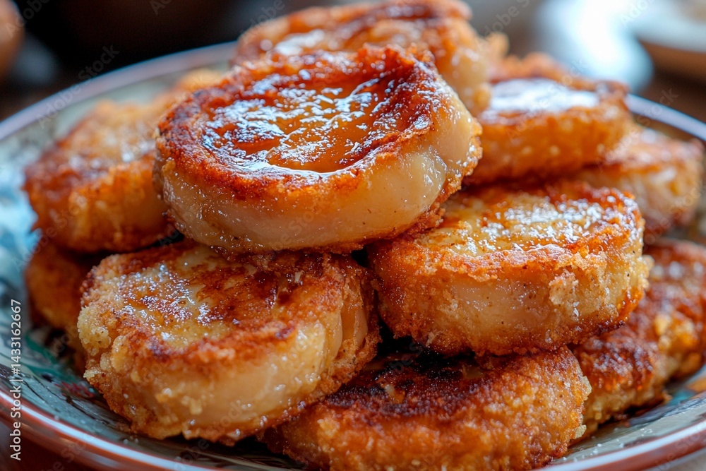 A delicious stack of crispy fried snacks is presented on a decorative plate. Each piece glistens with a sweet glaze, showcasing their appetizing golden-brown texture in a warm kitchen A delicious stack of crispy fried snacks is presented on a decorative plate. Each piece glistens with a sweet glaze, showcasing their appetizing golden-brown texture in a warm kitchen