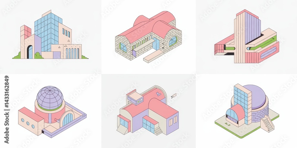 Colorful isometric architectural designs of various structures Colorful isometric architectural designs of various structures