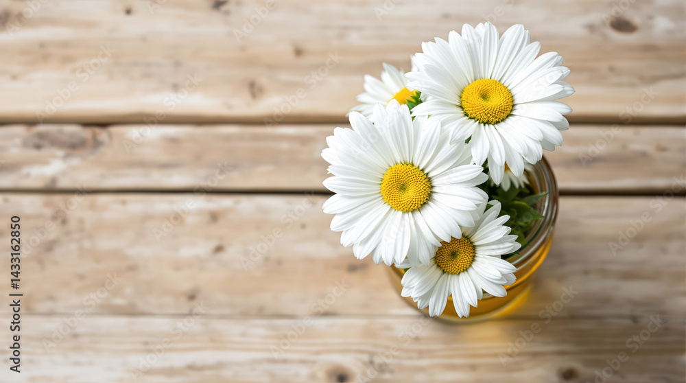 Obraz premium three white daisies in a glass jar on wooden surface