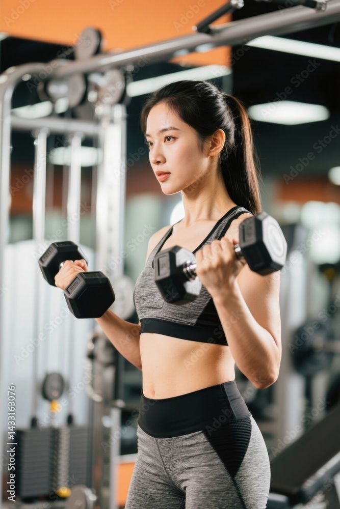 Fototapeta premium woman in a gym with a dumbble and a pair of gloves