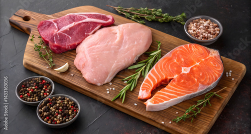 Set of raw meat steaks salmon, beef and chicken on a cutting board