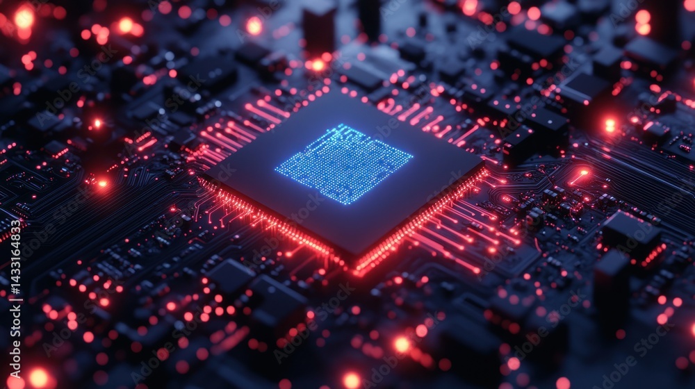Microchip with glowing blue center surrounded by red lights on circuit board.