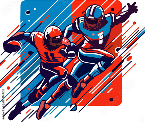 Dynamic Vector Illustration of American Football Players in Action – Flat Style Sports Art with Bold Red and Blue Colors