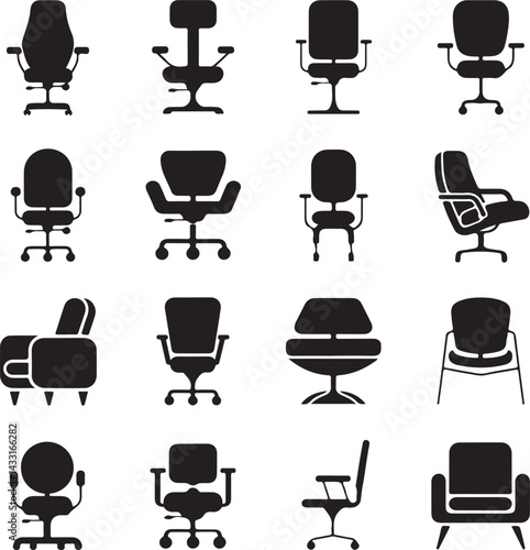 Collection of black office chair silhouettes in various ergonomic designs.
