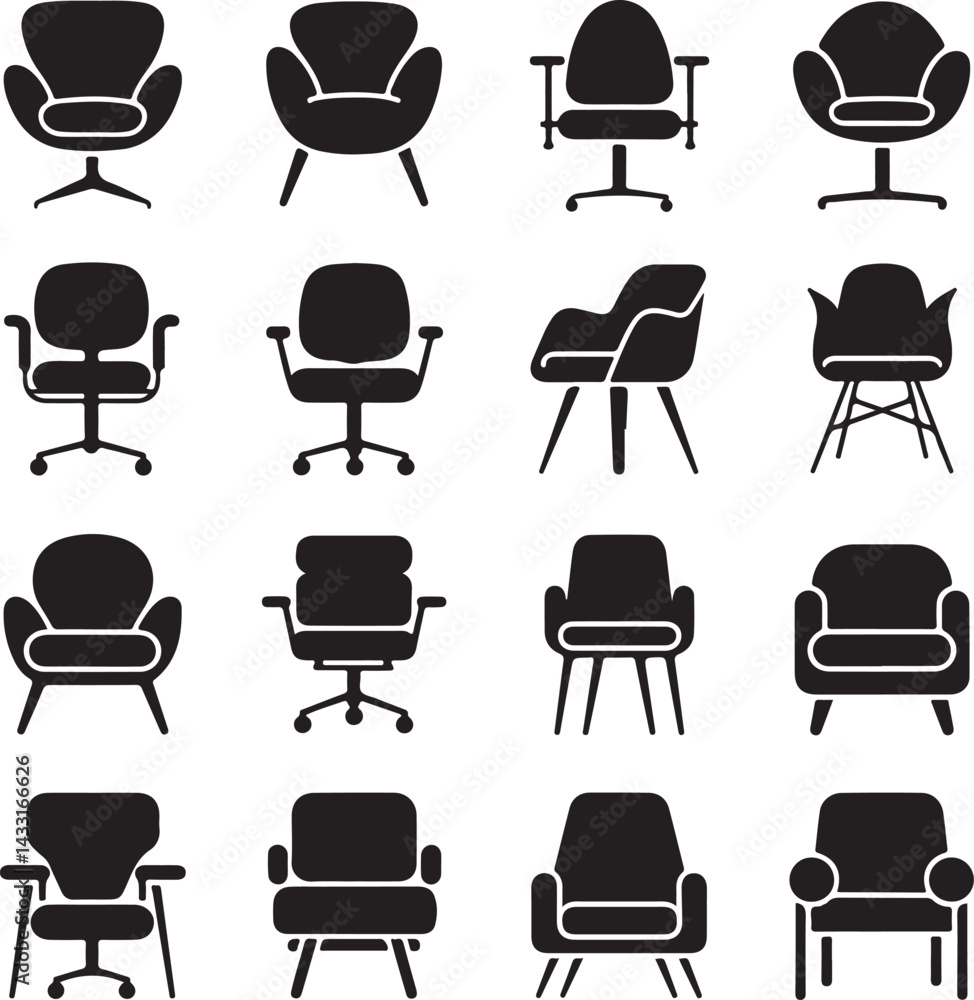 Collection of black office chair silhouettes in various ergonomic designs.
Collection of black office chair silhouettes in various ergonomic designs.