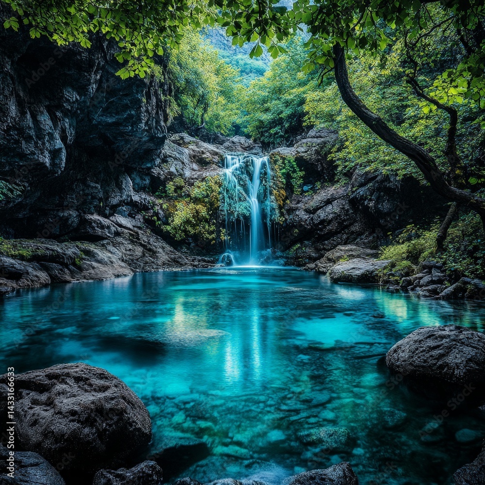 Naklejka premium Serene Jungle Waterfall with Lush Greenery and Turquoise Pool in a Natural Paradise