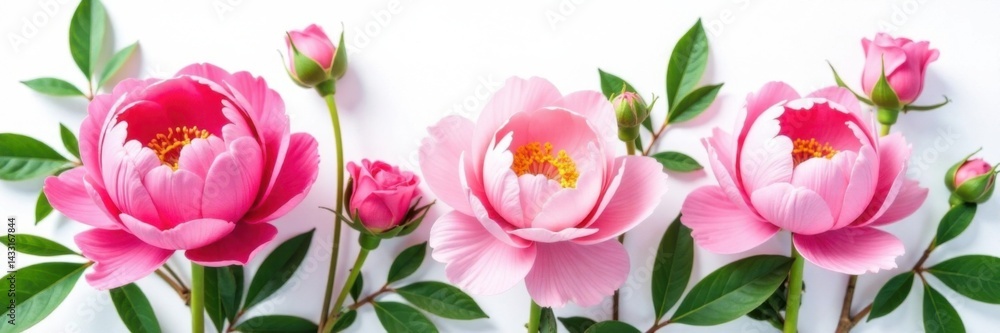 Fototapeta premium Vibrant fresh pink peony and rose flower mix with foliage on white backdrop, rose, spring