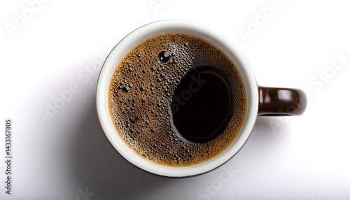 Top-down view of a freshly brewed cup of black coffee in white ceramic mug, isolated on white background.