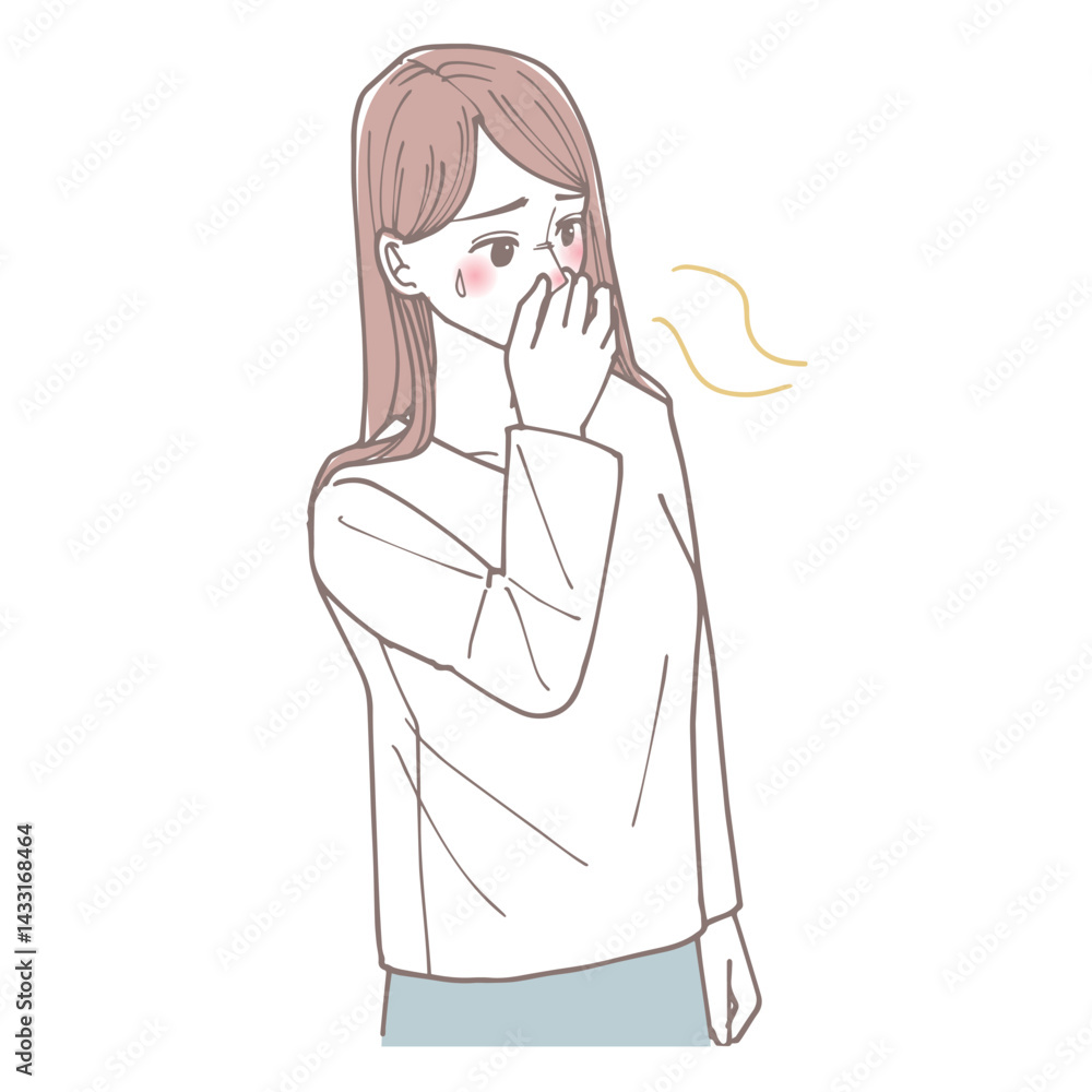 鼻をつまんで匂いを嗅がないようにしている女性 鼻をつまんで匂いを嗅がないようにしている女性