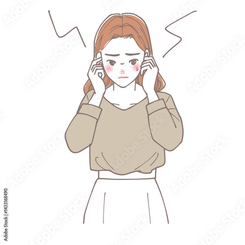 騒音に耳を塞いでいる女性