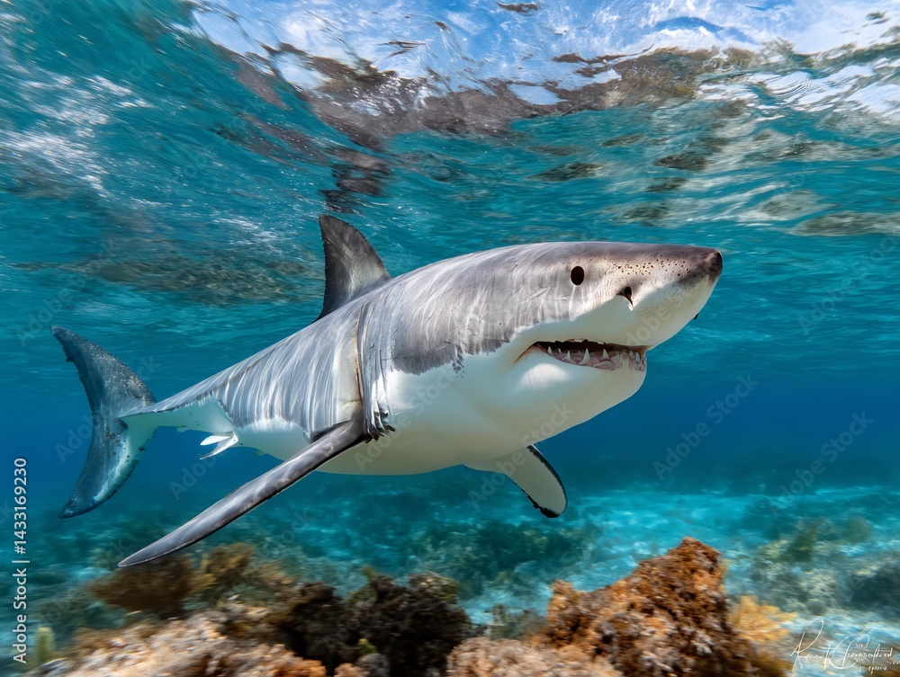 Fototapeta premium Great white shark in coral reef environment