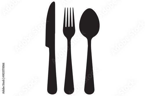Simple black silhouette of a knife, fork, and spoon
