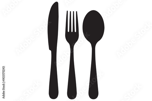 Simple black silhouette of a knife, fork, and spoon
