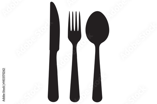 Simple black silhouette of a knife, fork, and spoon
