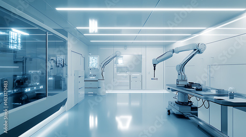 A robotic arm in an AI managed cleanroom, assembling parts for robots used in the creation of autonomous medical diagnostic tools, Health-tech style