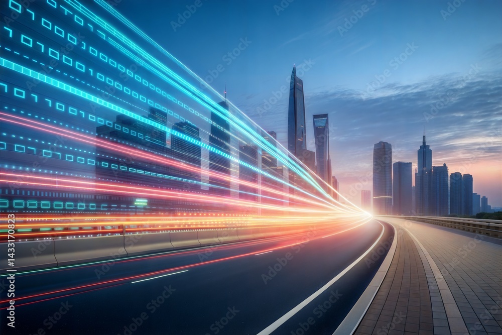 Fototapeta premium Abstract Digital Data Stream with City Lights Blur 
