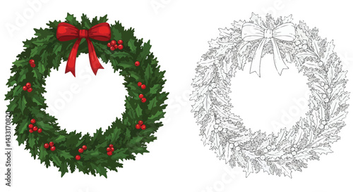 Holiday Wreath: Festive holiday wreath with red bow and berries. Capturing the holiday spirit and decorations.