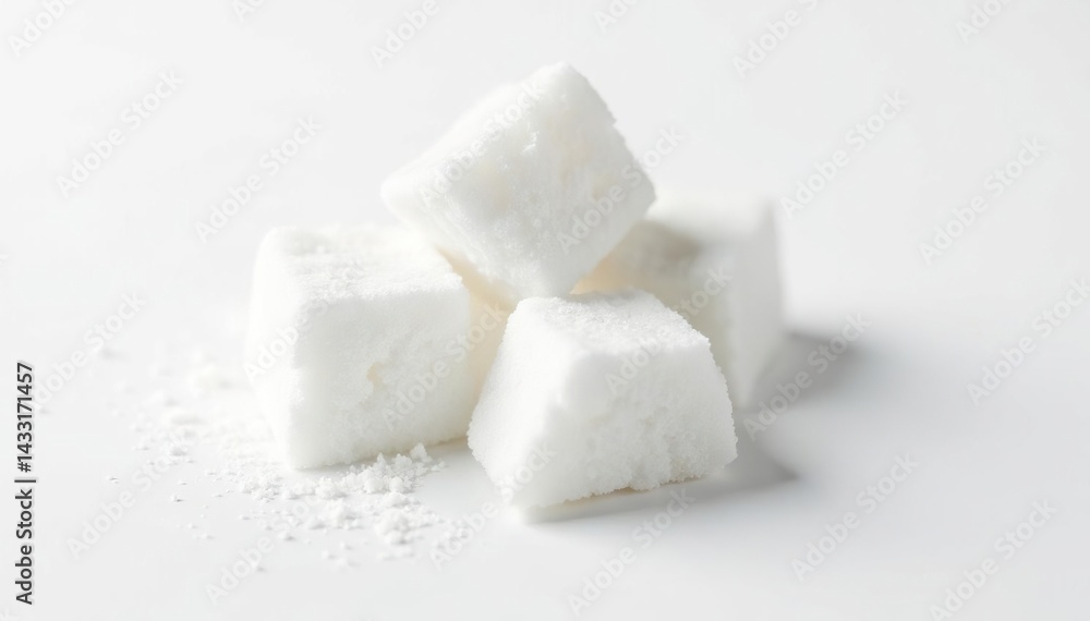 Lumps of refined white sugar against white backdrop, clean, luminescence, cube sugar Lumps of refined white sugar against white backdrop, clean, luminescence, cube sugar