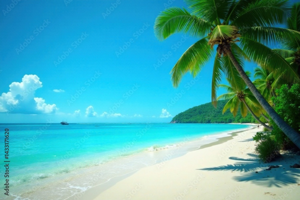Fototapeta premium Sunny beach landscape with palm trees and crystal clear waters, serene, beach
