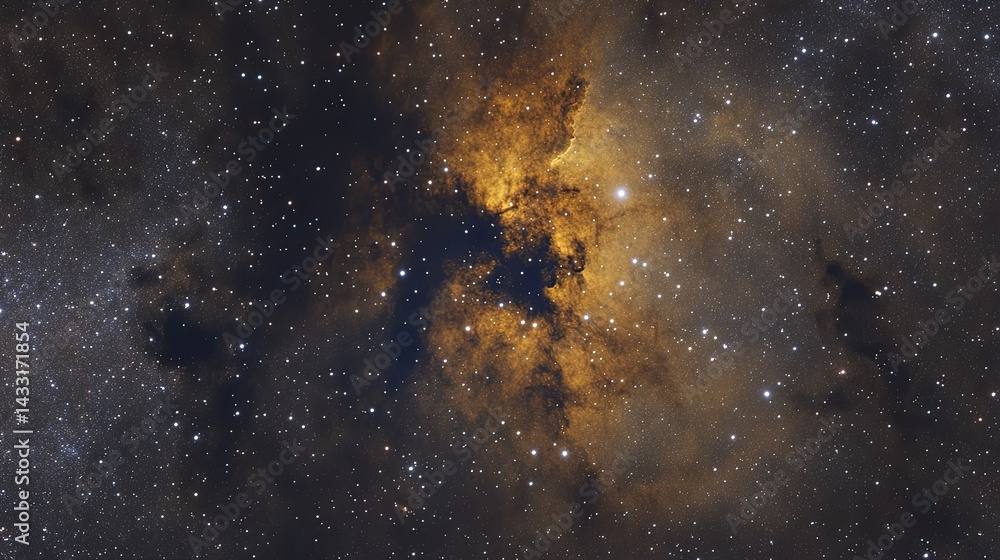 Fototapeta premium Golden Brown Nebula in Dark Space with Bright Stars