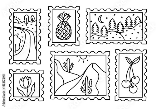 Lovely sketch set of post stamp with picturesque scenery, pineapple, tulip. Vintage doodle travel postmark with desert, highway in woods, forest at nighttime. Retro mail labels isolated on white.